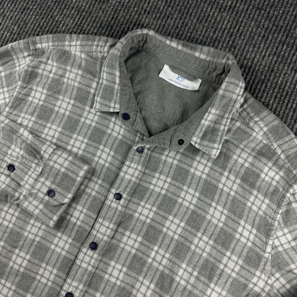 Southern Tide Mens XL Flannel Shirt Grey White Plaid Cotton Snap Button Down